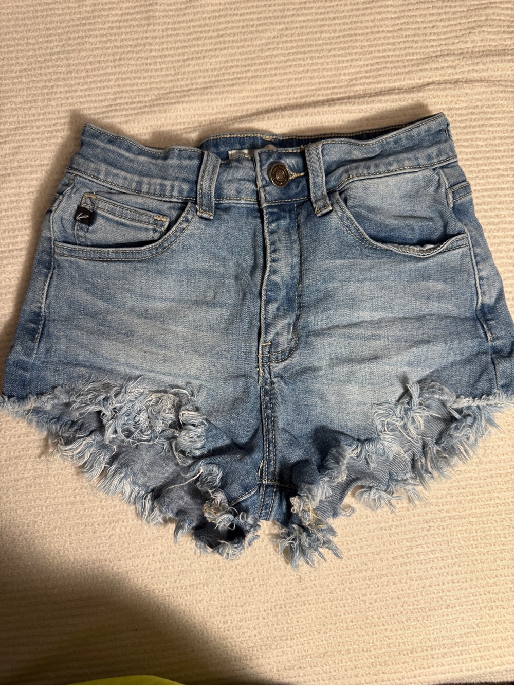 KanCan Light Blue High-Rise Distressed Denim Shorts